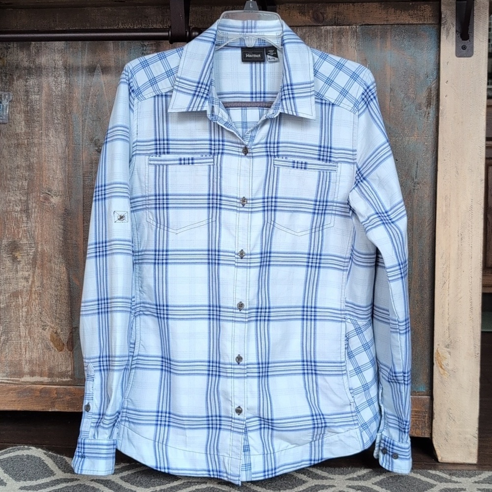 Marmot Blue Plaid Vented Outdoor Button Down Shirt w/ 4 Pockets - Women's XL